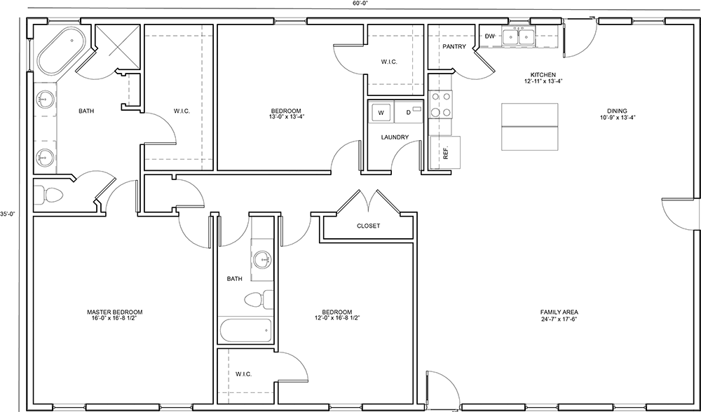 FastFrame Dowling 35 x 60 Residential plan with dimensions